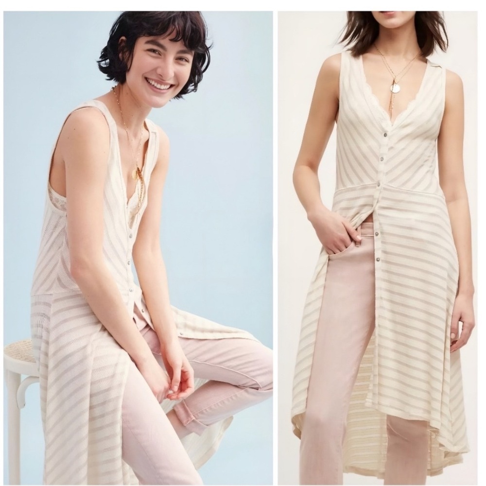 Anthropologie Poshmark Sand-stripe Knit Long Duster Cardigan Button Down Cream M